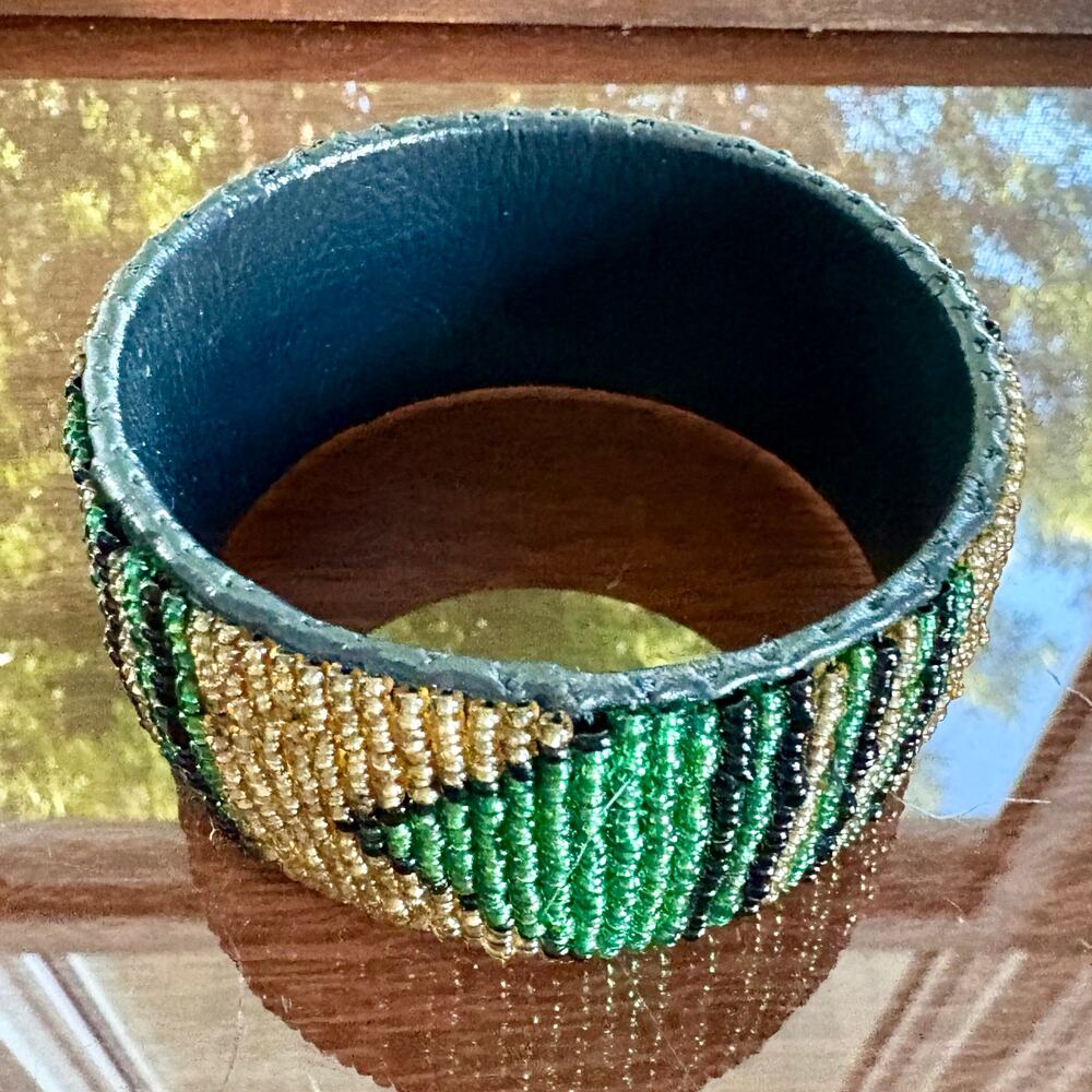 Vintage Beaded Cuff Bracelet Green Gold Glass Seed Beads Leather Lined